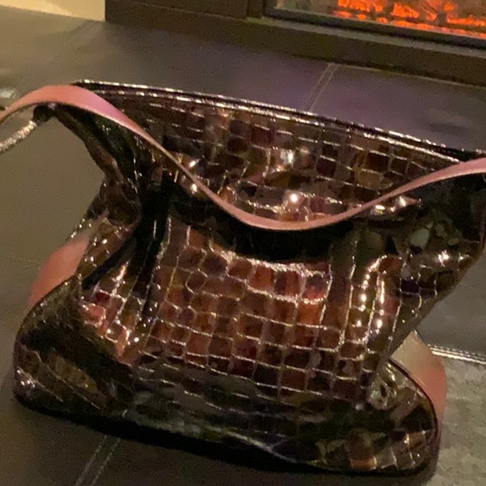 Brown patten leather embossed shoulder bag